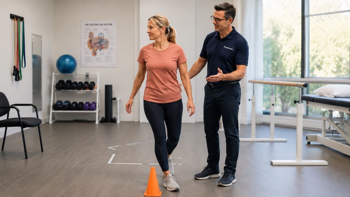 Vestibular rehabilitation therapy step and turn drill for daily balance confidence