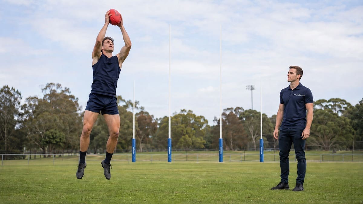 AFL player landing from a mark while a sports physiotherapist assesses control