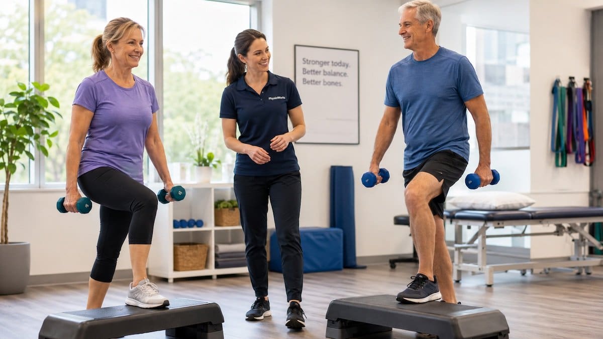 Exercise physiologist supervising adults during a Better Bones Exercise Class at PhysioWorks
