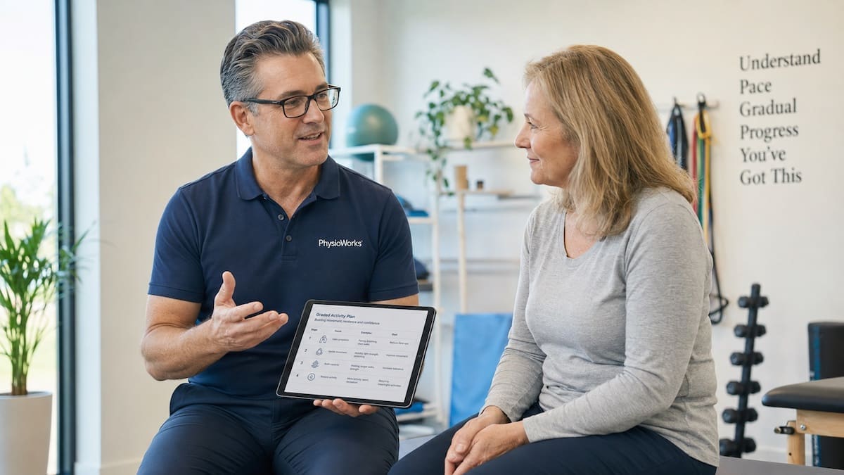chronic-pain-physiotherapy-education-recovery-plan Physiotherapist explaining chronic pain and gradual activity planning with an adult patient