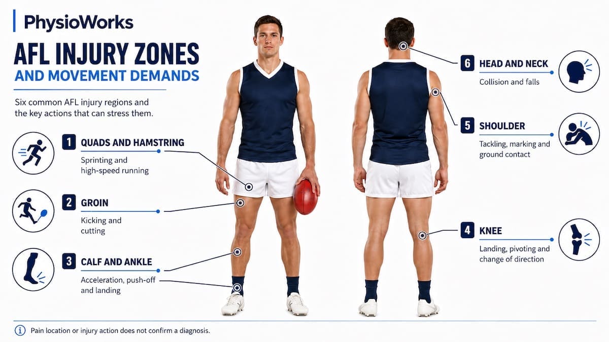 Common AFL injury zones linked with sprinting, kicking, landing and tackling actions
