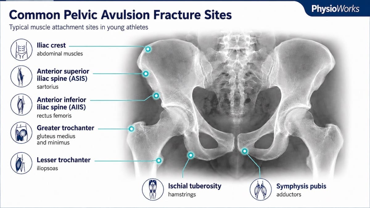 Common pelvic avulsion fracture sites and muscle attachments in young athletes