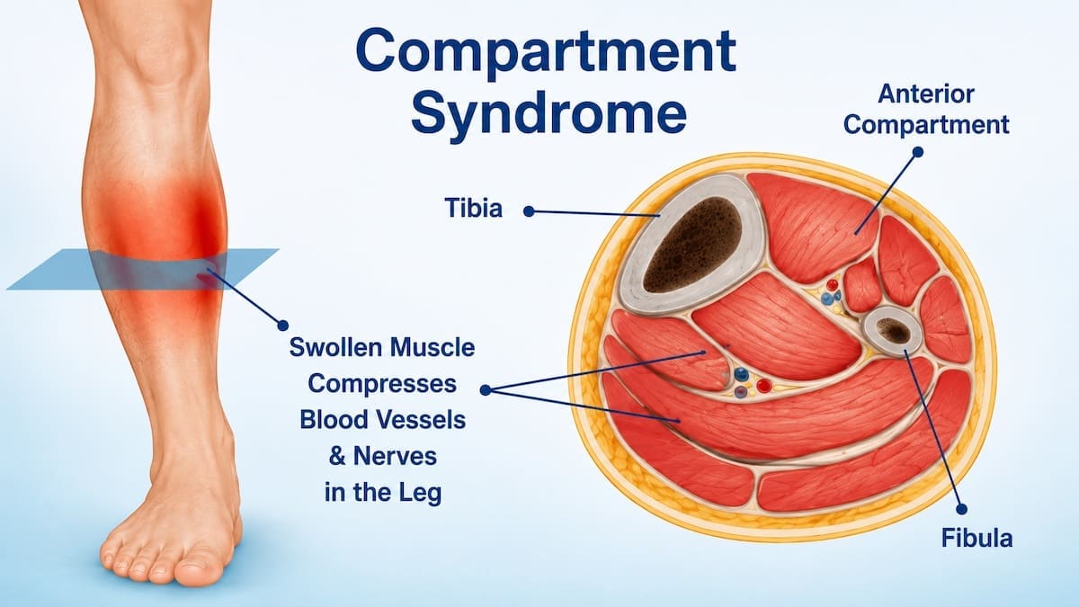Compartment syndrome anatomy showing pressure around lower-leg muscles nerves and blood vessels