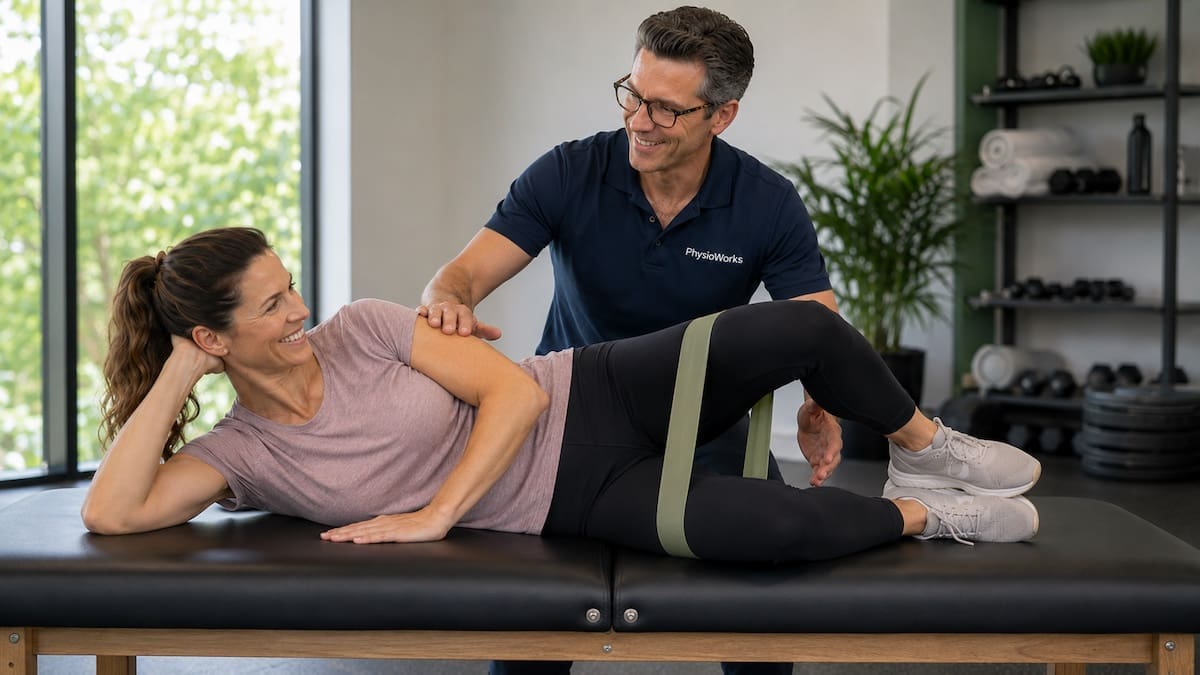 deep hip rotators clam exercise with physiotherapist coaching