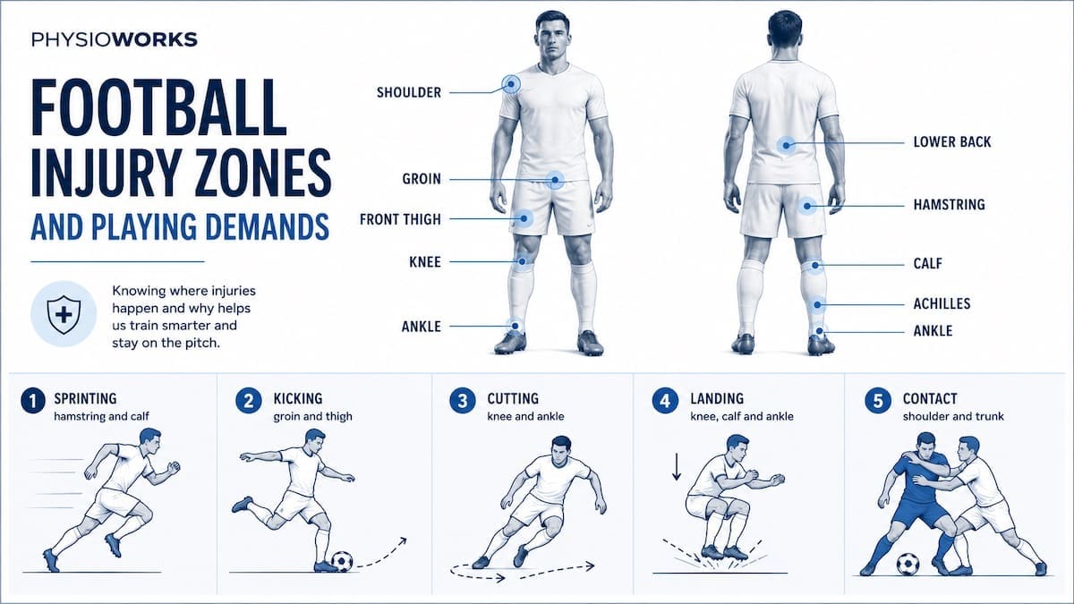 Soccer injuries infographic showing body regions loaded during football actions