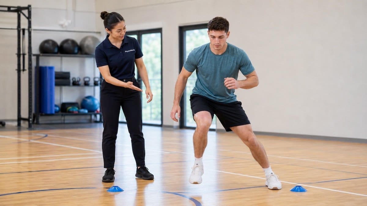 indoor-sports-injuries-change-direction-assessment Physiotherapist assessing ankle and knee control during an indoor change-of-direction drill
