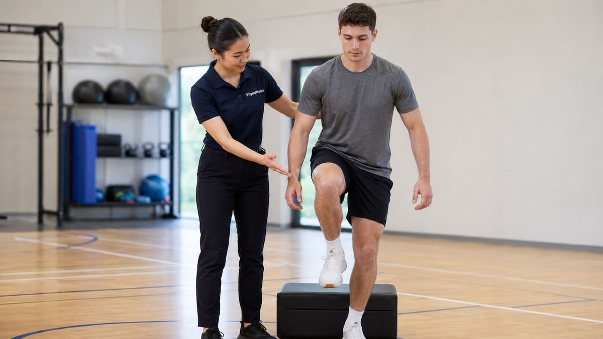 indoor-sports-injuries-landing-physiotherapy-assessment Physiotherapist assessing landing control for indoor sports injuries on an indoor court