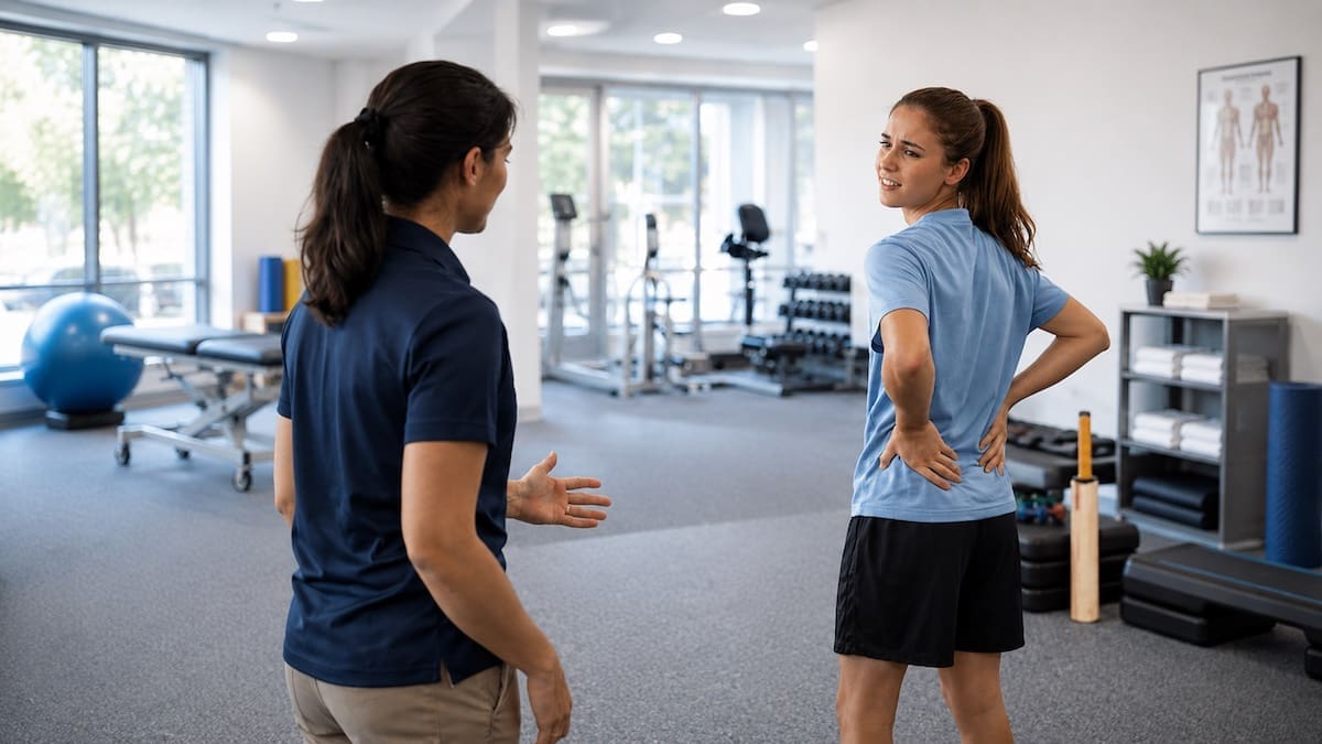 cricket-stress-fracture-physiotherapy-assessment Cricket stress fracture physiotherapy assessment for lumbar spine pain in clinic