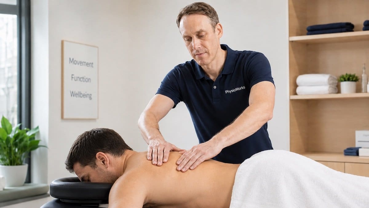 Massage satisfaction guarantee with therapist providing remedial upper-back and shoulder massage