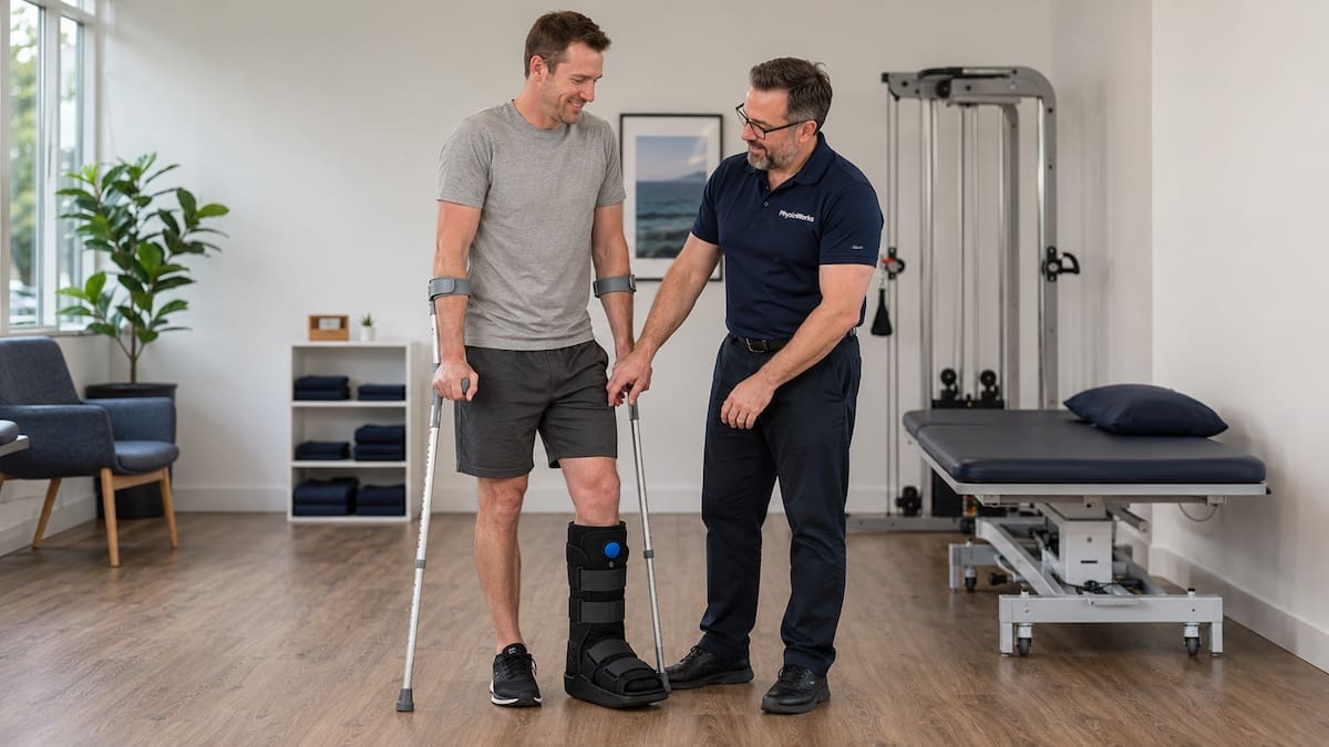 moon-boot-fitting-safe-crutch-walking Physiotherapist checking moon boot fit during safe crutch-assisted walking