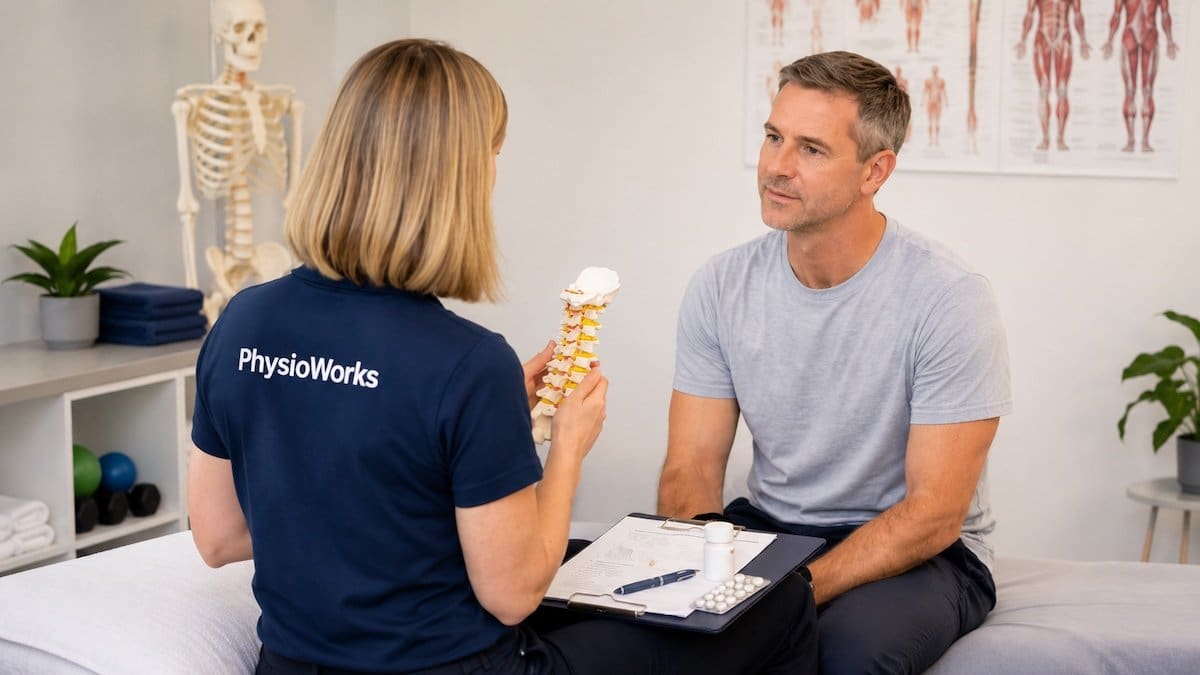 Physiotherapist discussing neck pain medication options with a patient using a cervical spine model