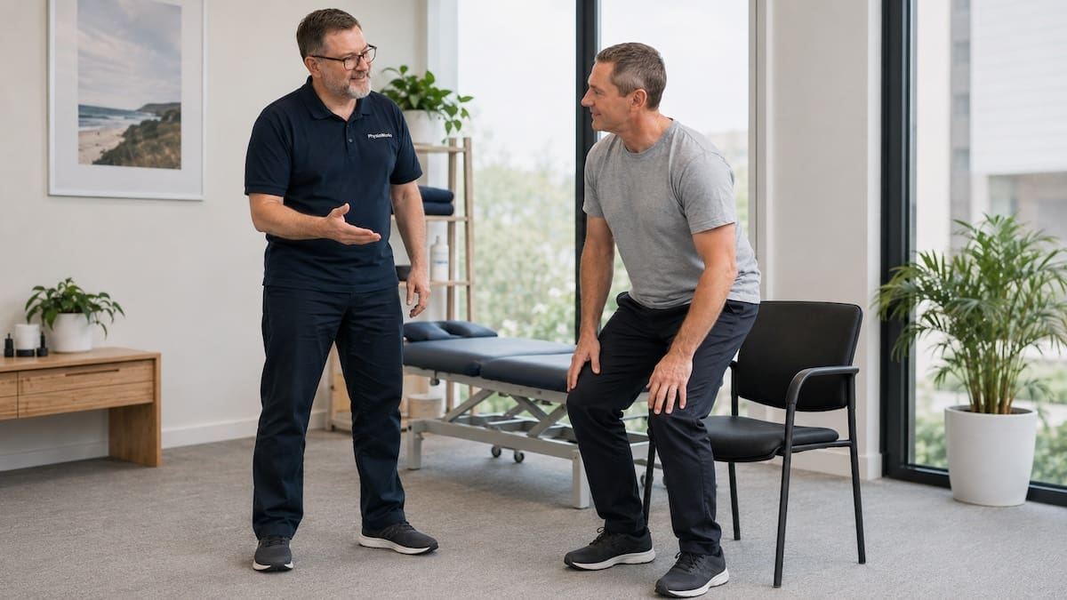 pain-recovery-graded-movement-physiotherapy Physiotherapist discussing pain patterns with an adult during a whole-person clinical assessment