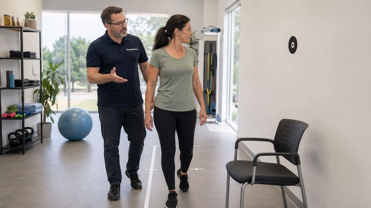 Vestibular physiotherapist guiding walking and head-turn rehabilitation for PPPD