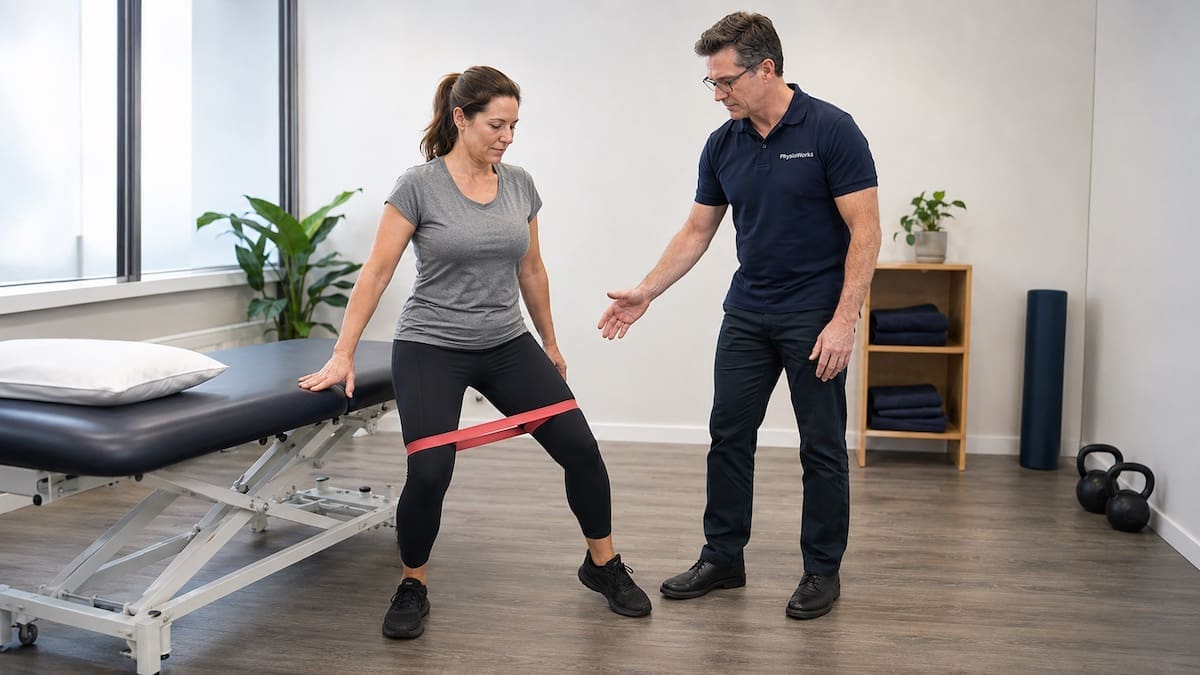 Physiotherapist coaching controlled hip strengthening during piriformis syndrome rehabilitation