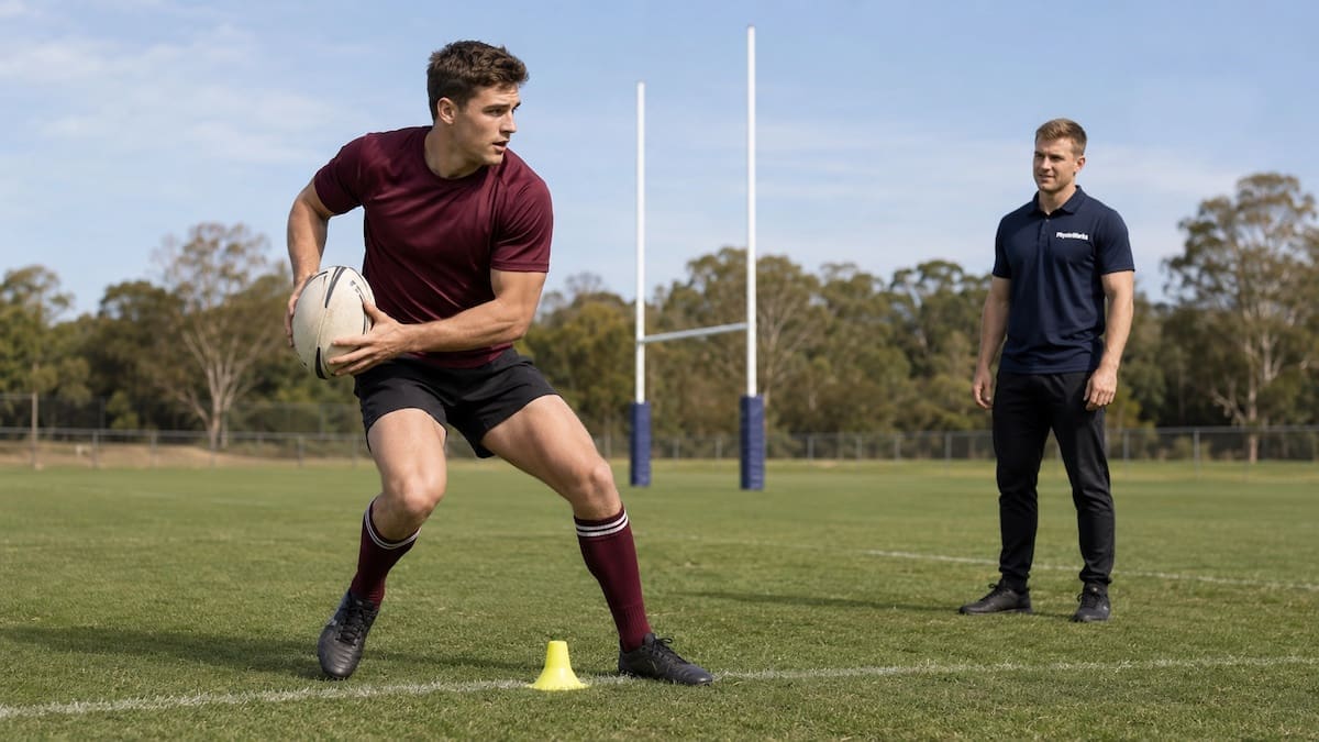 Rugby league player sidestepping while physiotherapist assesses knee and ankle control