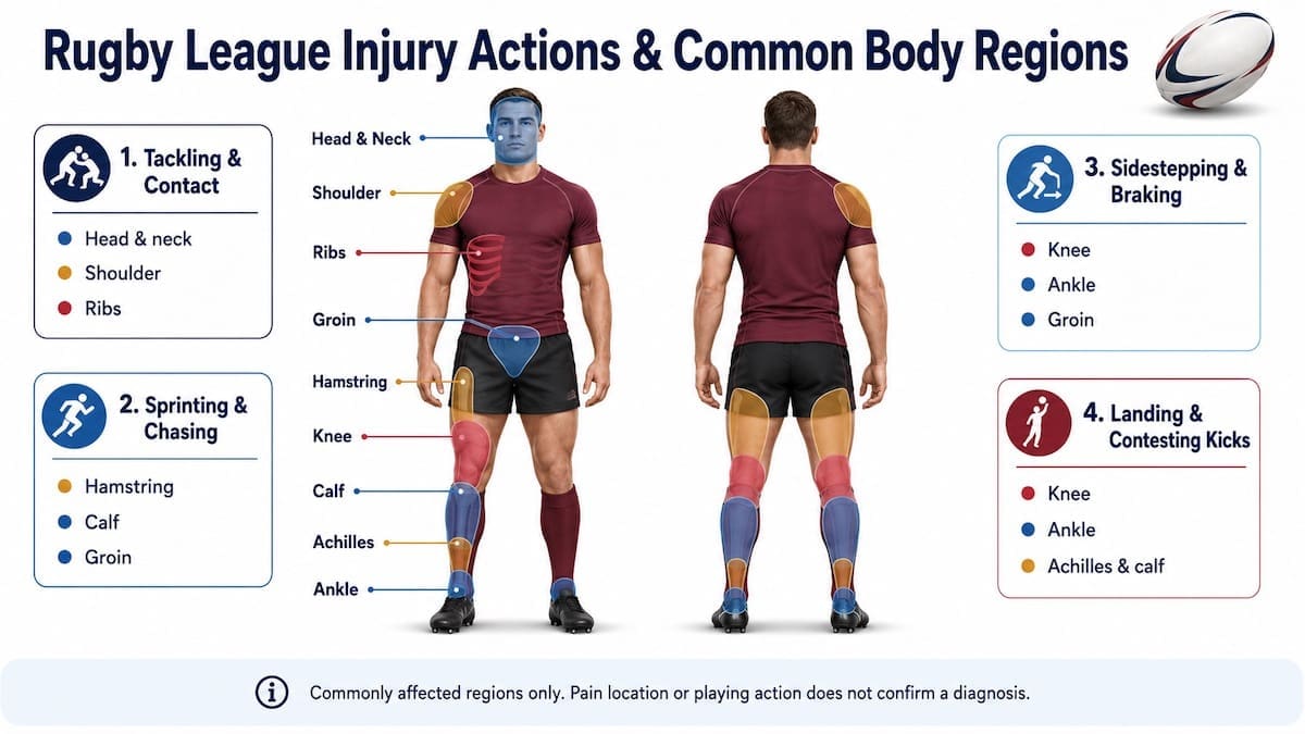 Rugby league injury infographic showing actions and commonly affected body regions