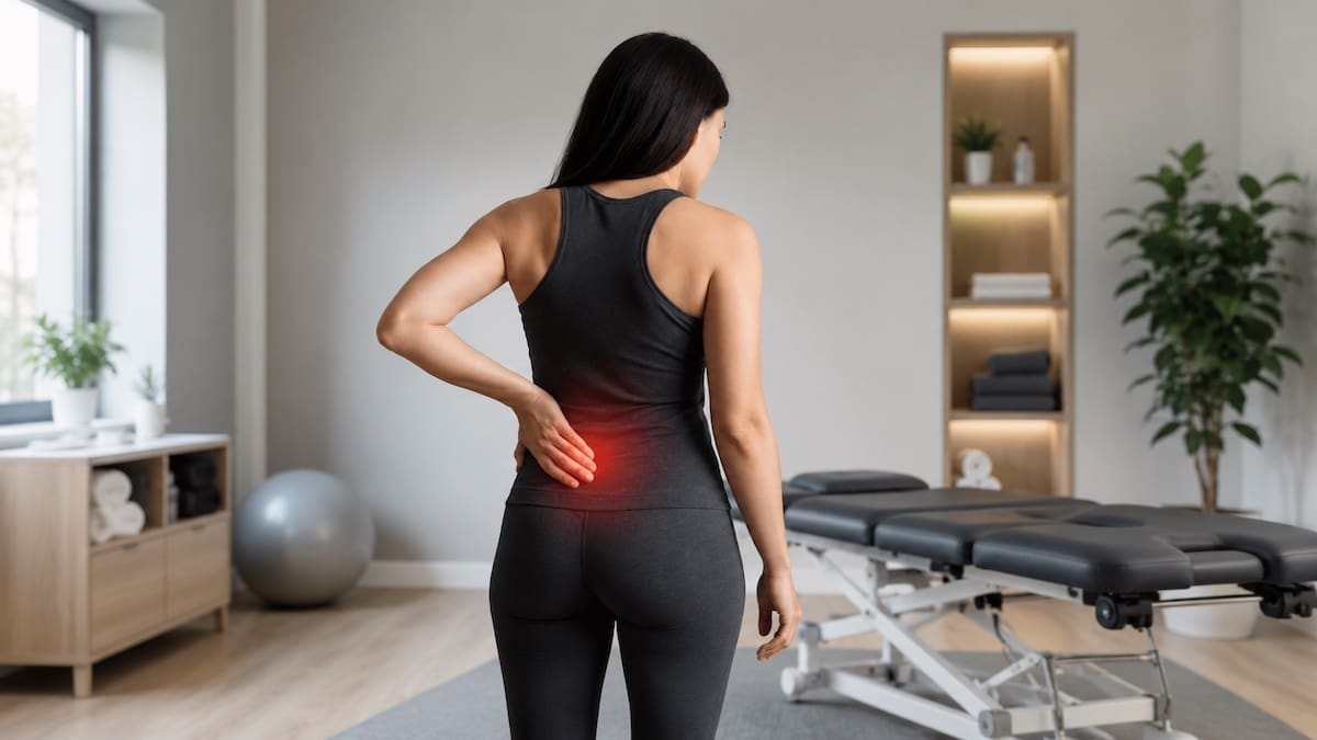 sacroiliac-joint-pain-clinical-setting Woman holding her lower back with sacroiliac joint pain in a physiotherapy clinic