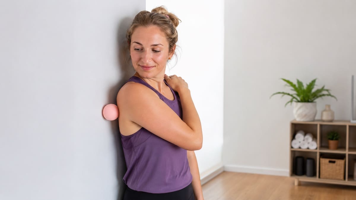 shoulder-blade-trigger-point-ball-release-wall Shoulder blade trigger point ball release performed safely against a wall