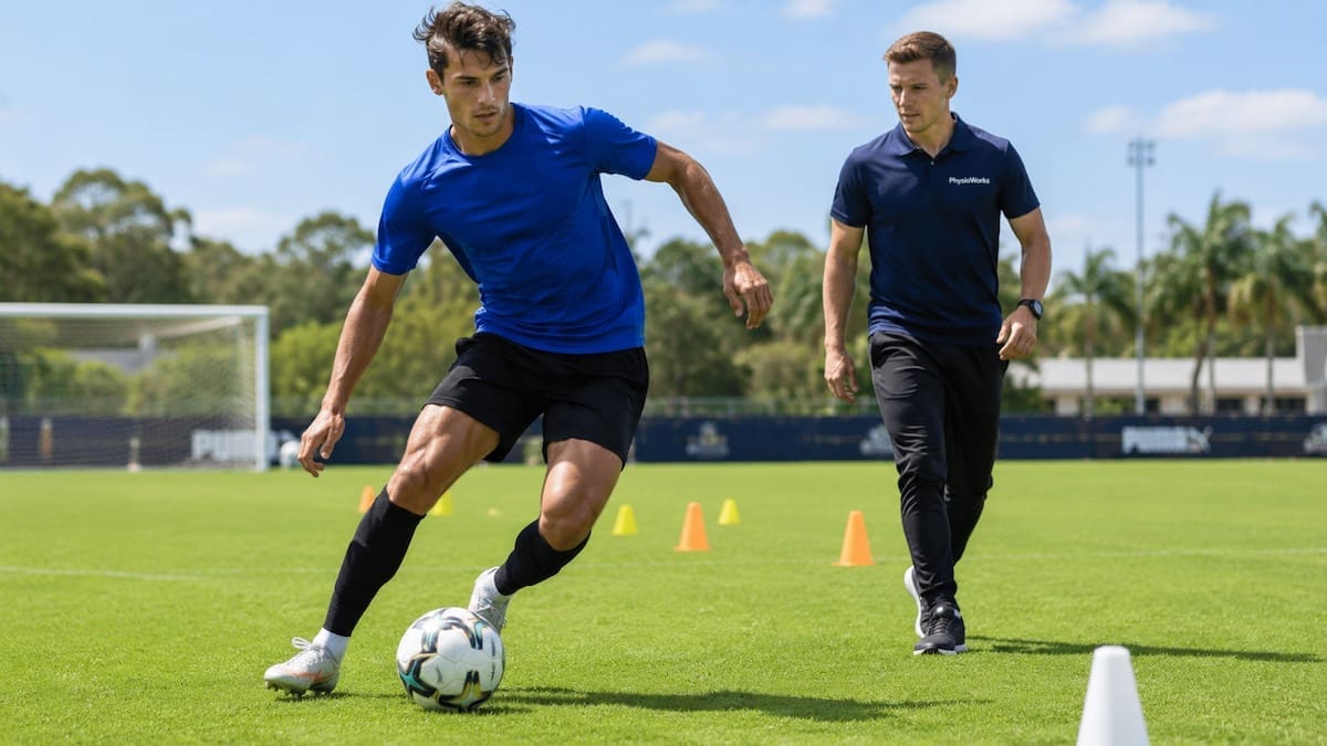 Soccer injuries change-of-direction assessment with physiotherapist on a football field