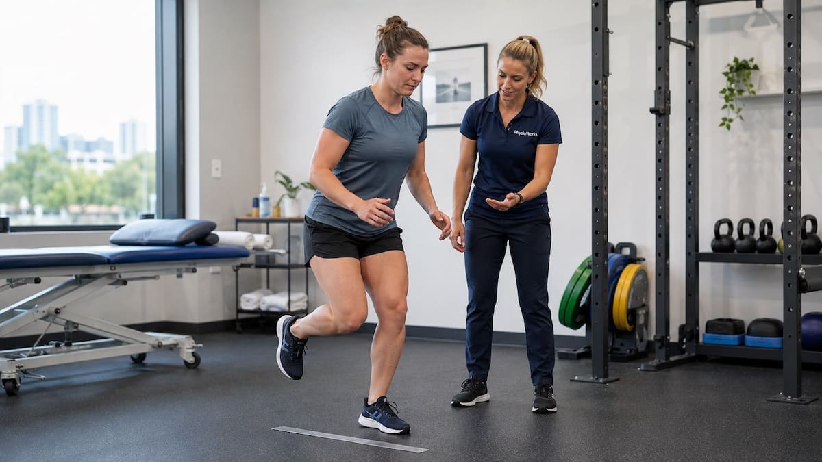 sports-physiotherapy-brisbane-low-hop-landing-assessment Sports physiotherapy Brisbane low single-leg hop landing assessment in a rehabilitation clinic