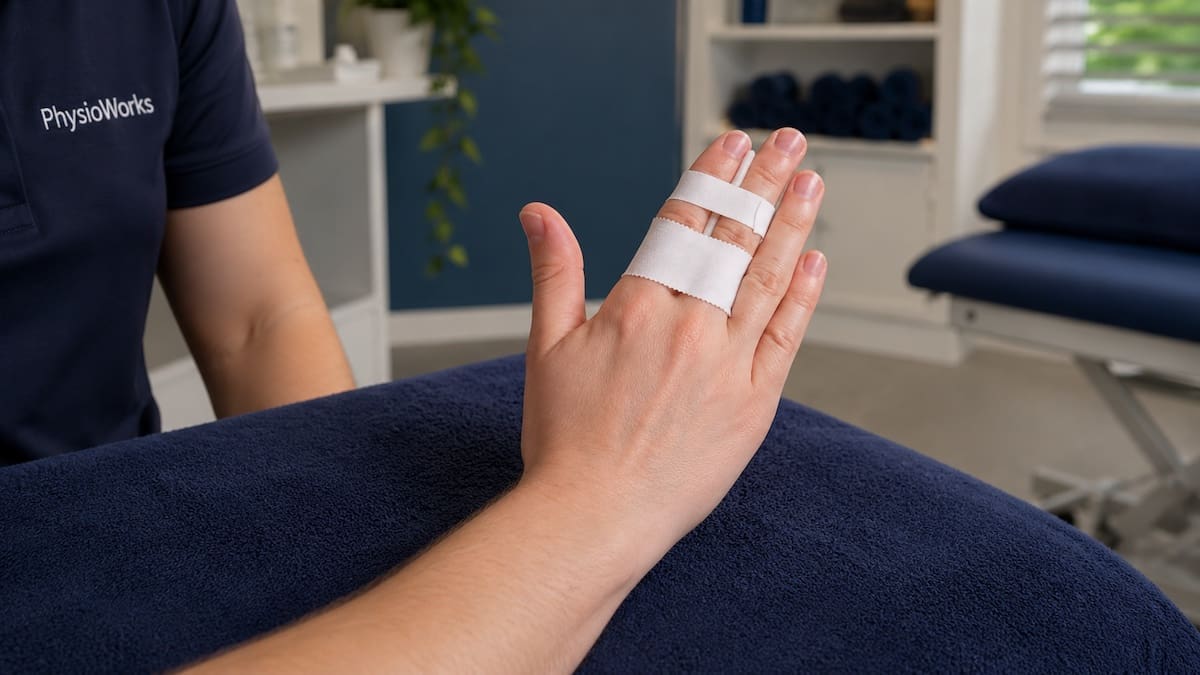 Sprained finger buddy taping supporting safe joint movement