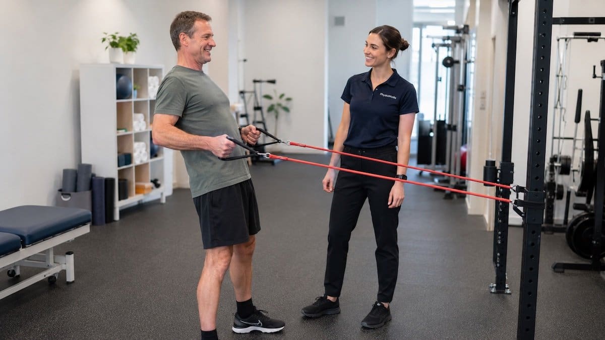 Exercise physiologist supervising a standing resistance band row in a rehabilitation gym