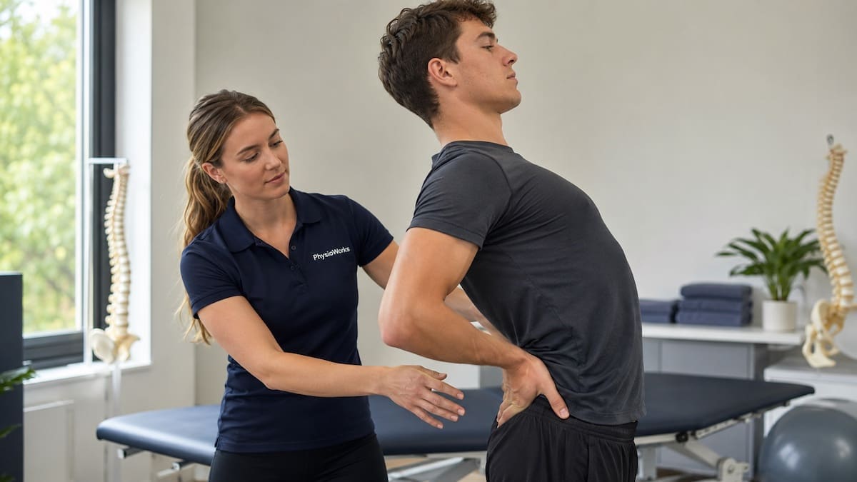 Swimmers back pain lumbar assessment with physiotherapist