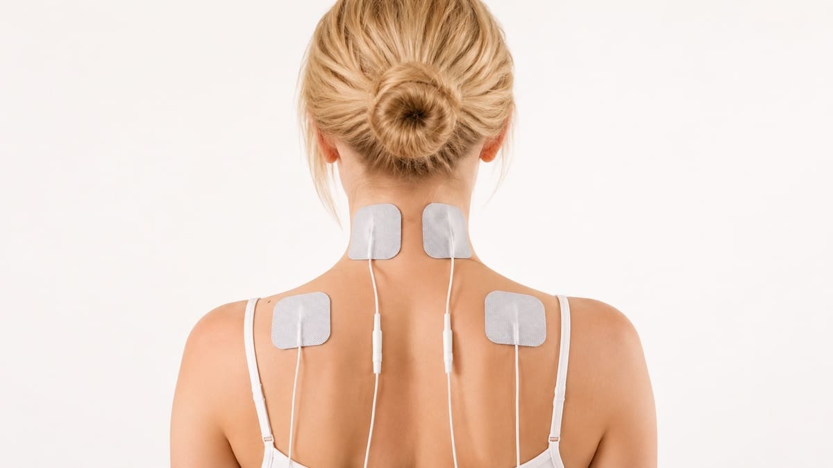 TENS therapy pads on neck and upper back for pain relief