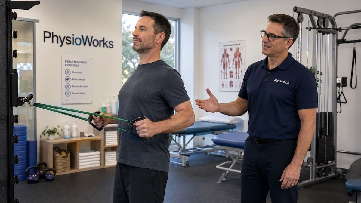 thoracic-pain-upper-back-rehabilitation-row Physiotherapist supervising resistance row for thoracic pain and upper back strength