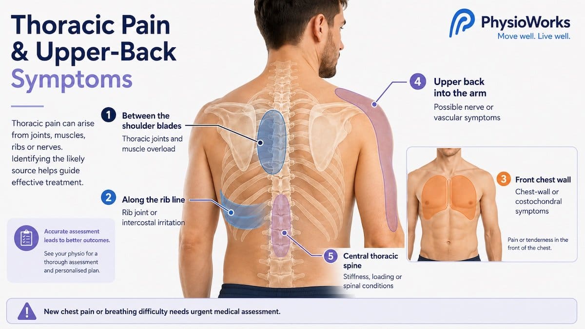 thoracic-pain-upper-back-symptom-map Thoracic pain diagram showing upper back, rib and chest wall symptom areas