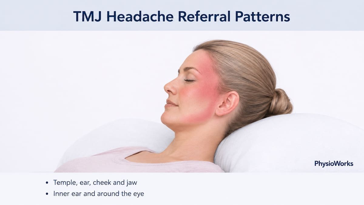 TMJ headache referral pattern over temple cheek ear and jaw