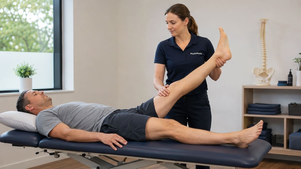 Physiotherapist assessing sciatic nerve sensitivity during a straight leg raise test