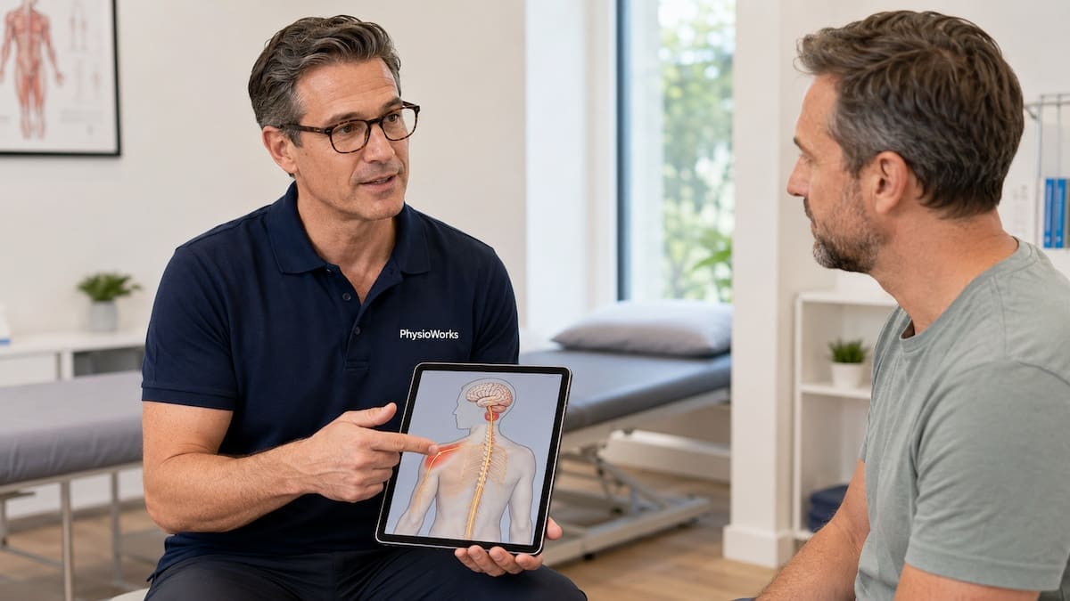 What is pain physiotherapist explaining pain signals to a patient