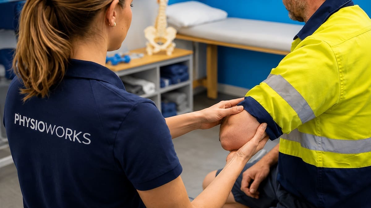 Physiotherapist assessing lateral elbow pain and grip function during a consultation