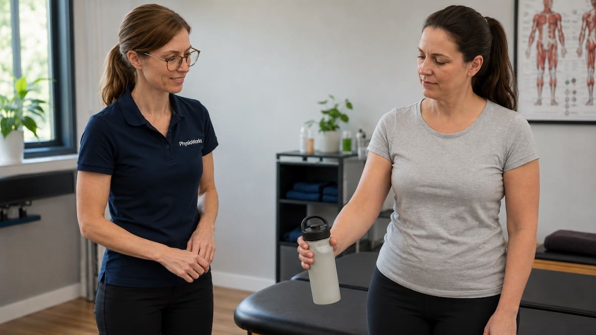 Wrist tendinopathy recovery showing neutral wrist grip and lifting control